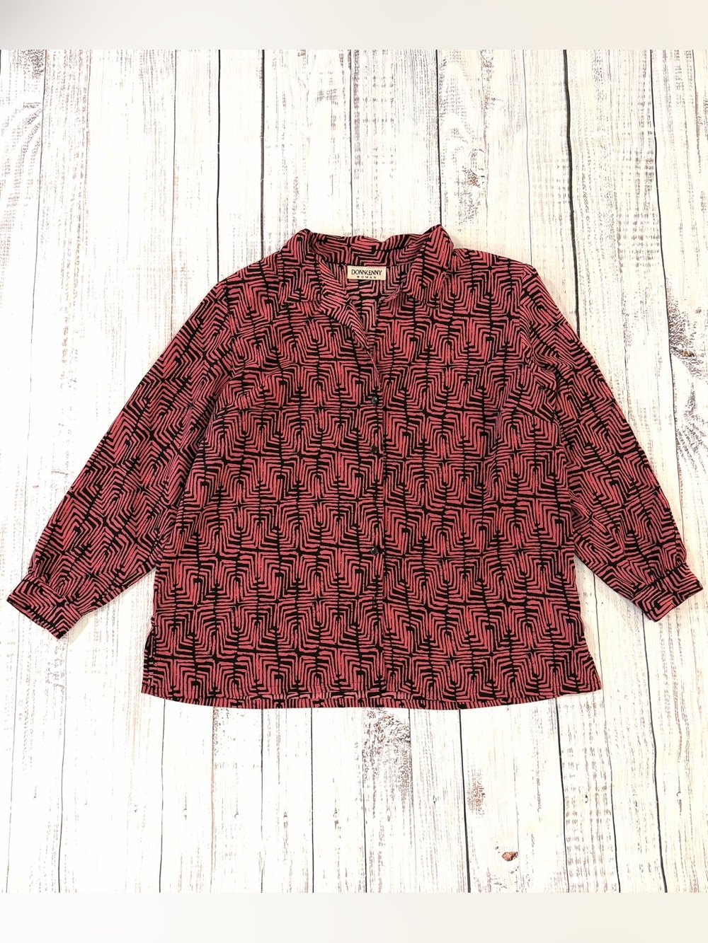 Vintage Donn Kenny 1X Pink Abstract Geometric Blouse Shoulder Pads 1980s Retro